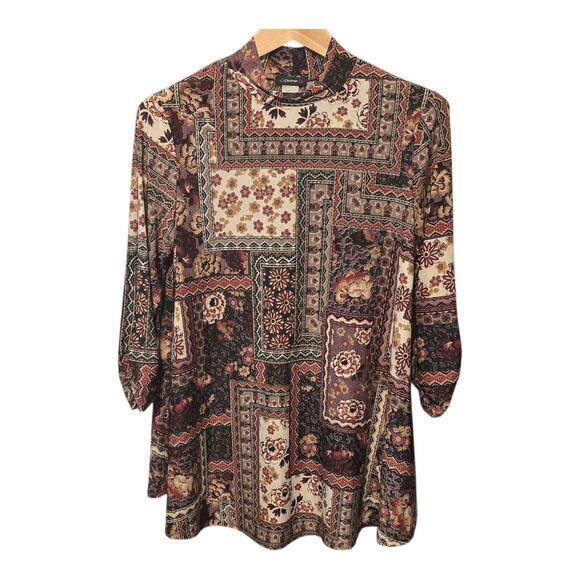Cocomo Patchwork Tunic Top Womens Large Mock Neck Floral Artsy Boho Maximalist - Picture 1 of 9